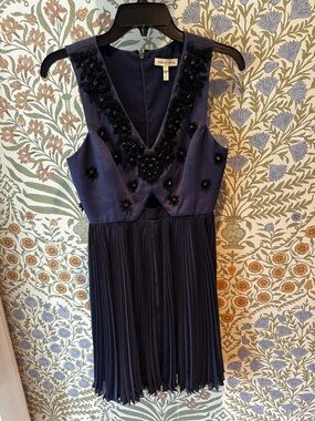 Rebecca Taylor Navy Blue Pleated Silk Mini Dress with Beaded Bodice Size 0